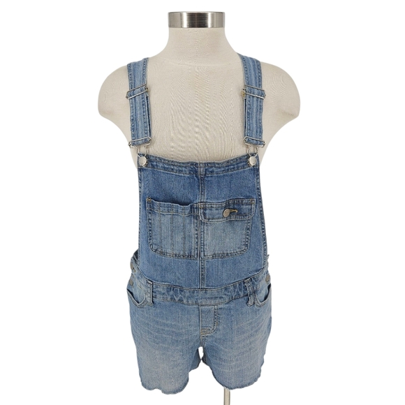 Mossimo Denim Shortalls Medium Wash Bib Overalls Coveralls Raw Hem Shorts Small - Picture 1 of 6